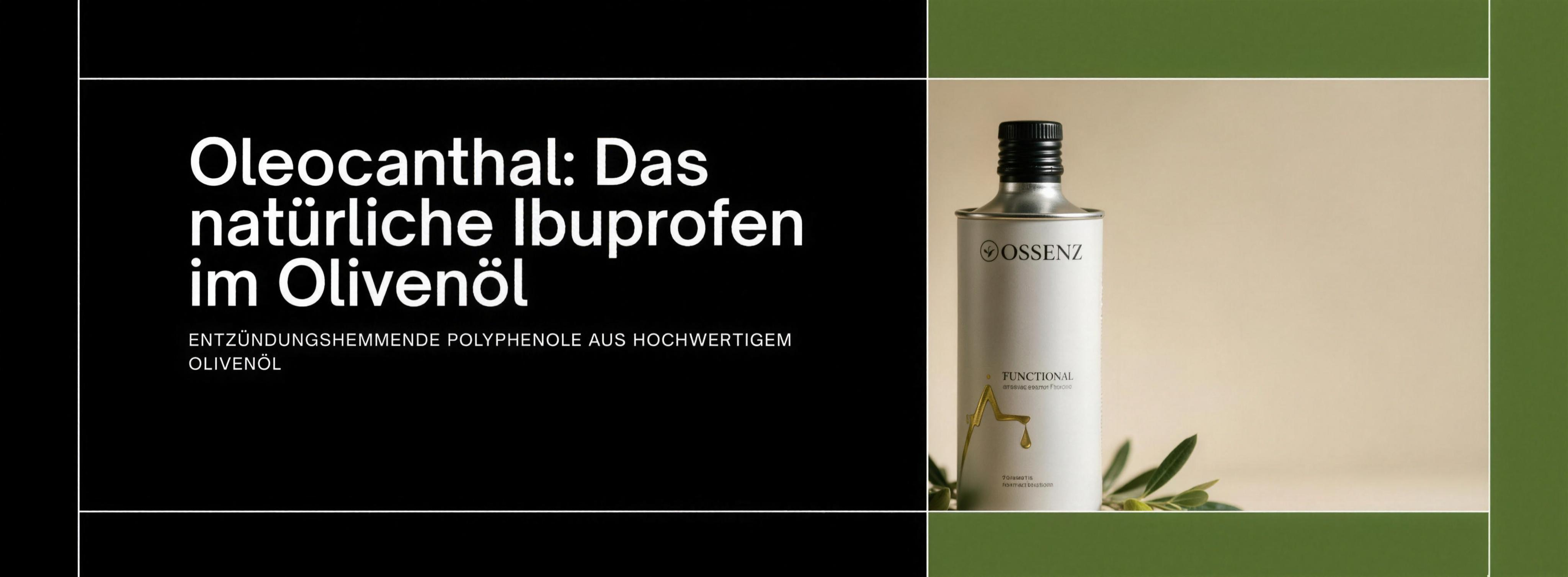 Titelbild zum Artikel Oleocanthal: Das natürliche Ibuprofen im Olivenöl, mit echtem Ossenz-Produktfoto und ruhiger Wellness-Ästhetik ohne Kochkontext